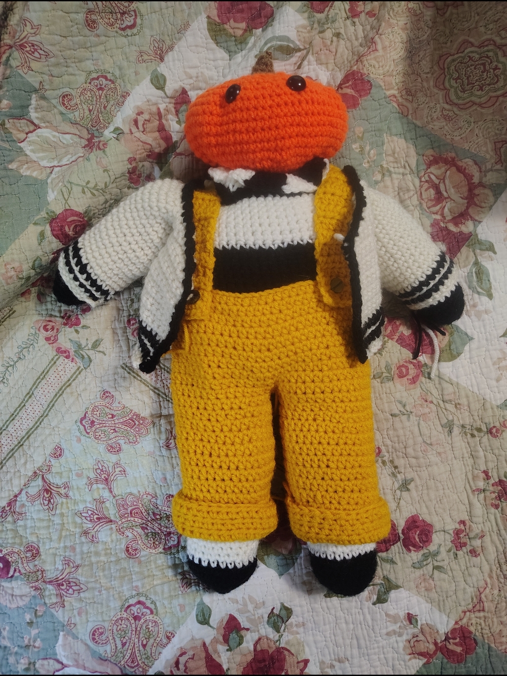 Handmade Crochet Pumpkin Doll with Yellow Overalls